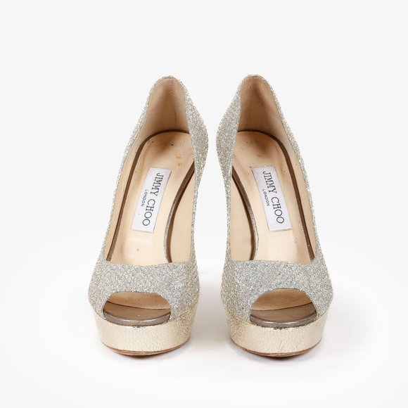 Jimmy Choo Silver Glitter Peep Toe Pumps - Picture 2 of 9